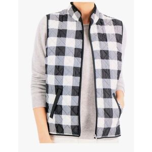 Karen Scott Plaid Puffer Vest Size XL Gray Black White Zip Up Hiking Outdoors